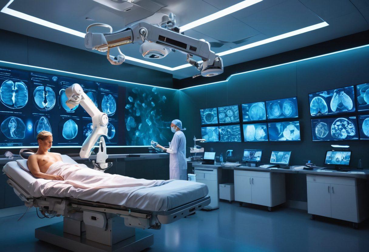 A futuristic surgical room with advanced technology, showcasing a robotic arm performing minimally invasive tumor surgery on a glowing patient. Illustrate the surgeons and scientists in the background observing the operation with expressions of hope and innovation. Include holographic displays showing tumor imaging and recovery statistics. Bright, optimistic colors to convey progress in oncology. super-realistic. vibrant colors. 3D.