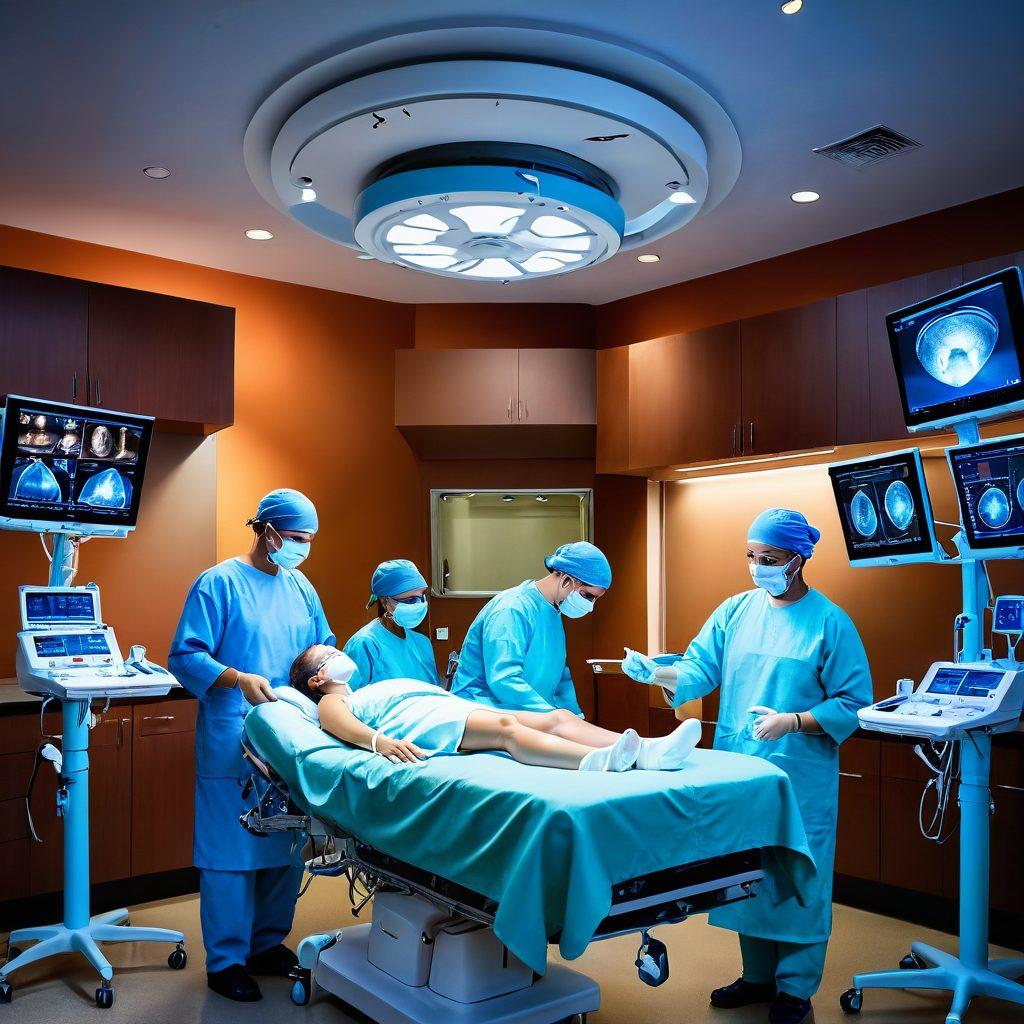 A dynamic surgical theater filled with advanced technology showcasing a surgeon delicately performing a cutting-edge cancer operation, surrounded by supportive healthcare professionals. The atmosphere is filled with hope, illustrated by gentle lighting and images of patients receiving reassurance from compassionate caregivers. Emphasize innovation in surgical tools and patient care technology. vibrant colors. super-realistic. inspiring atmosphere.